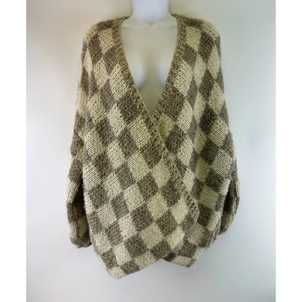 Grade And Gather Checkered Sweater Cardigan Open Chunky Heavy Knit Small Medium - Picture 2 of 16